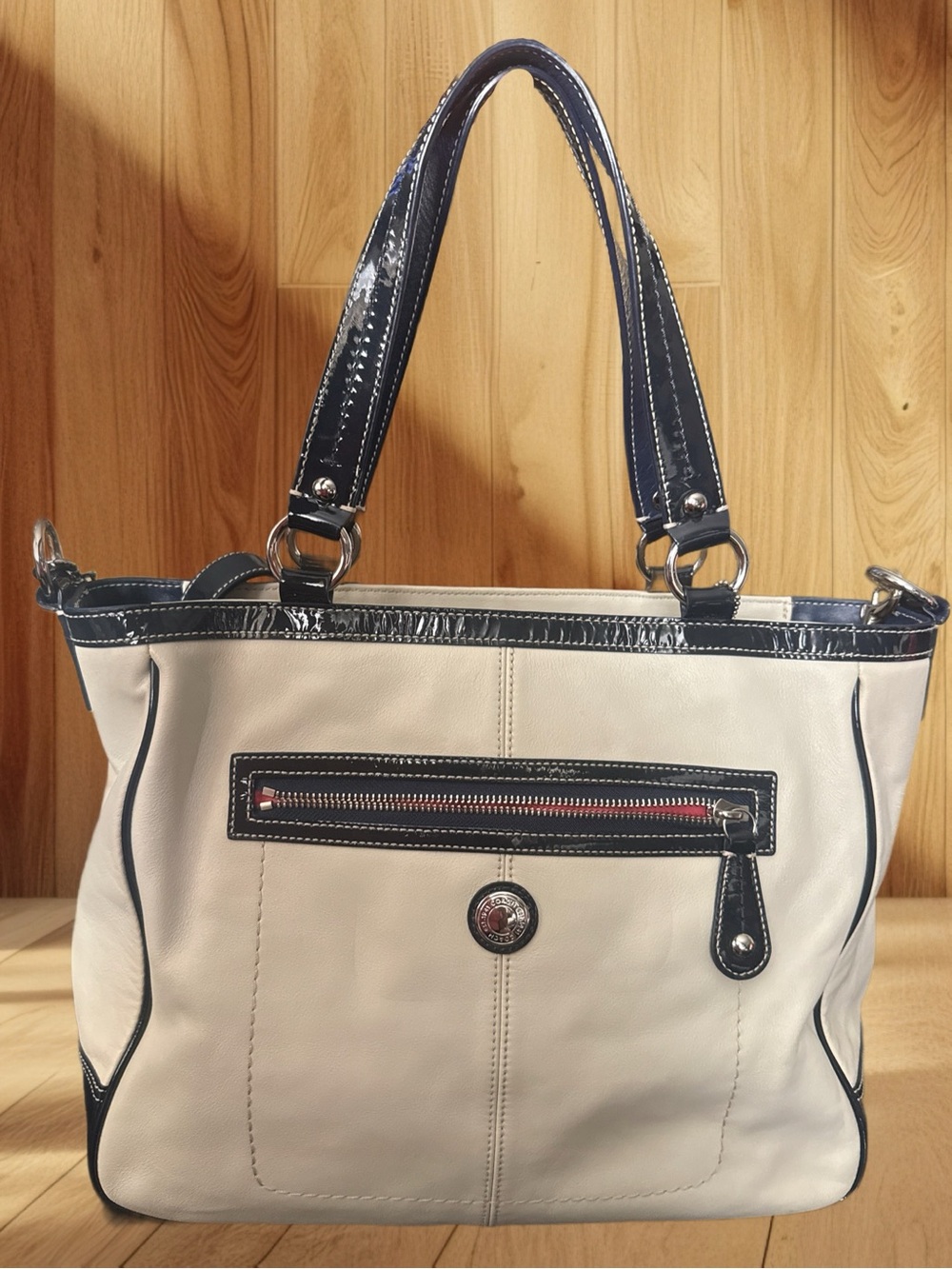 Coach 14887 Laura Large Leather Tote Bone Navy Patent Trim Shoulder Bag